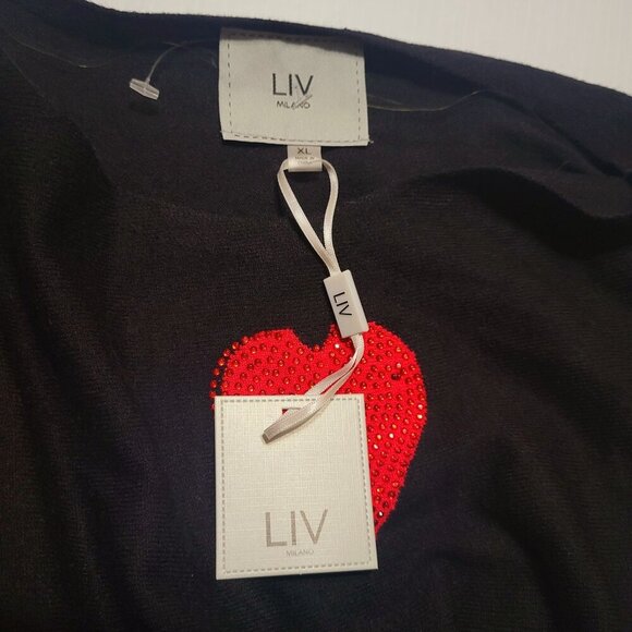 NWT Liv Milano XL Black & Candy Apple Red Heart Lightweight Knit Sweater - Picture 3 of 9